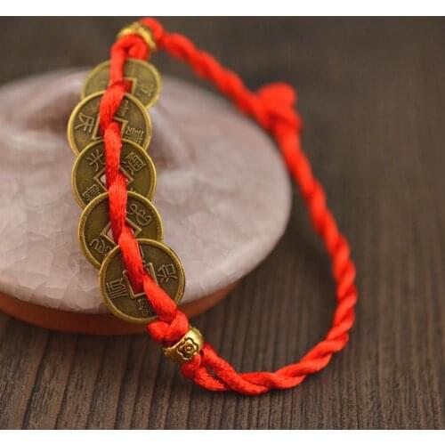 1Piece Polyester Red String Braided Friendship Bracelets Antique Bronze Copper Cash Coin