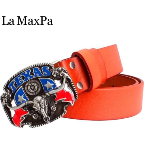 Cowboy belt men wild west cowboy bull skull Texas USA hip hop style belt metal buckle Casual pants belt cow leather