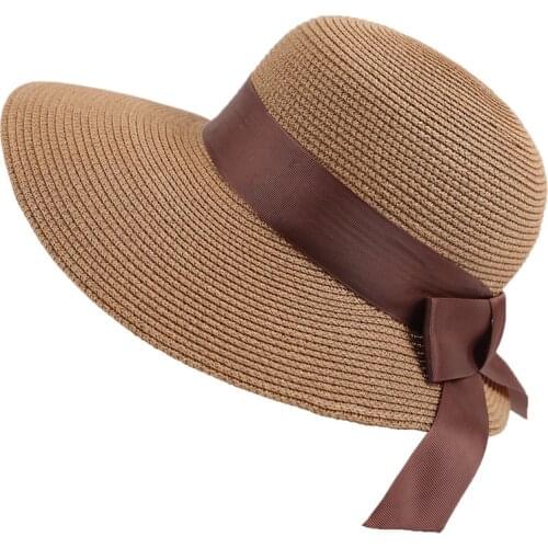 New Fashion Flat Sun Hat Womens Summer Bow Straw Hats For Women Beach Headwear Chapeau Femme Panama Straw Hat