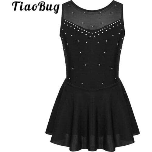 TiaoBug Kids Sparkly Rhinestones Tulle Sleeveless Ballet Gymnastics Leotard Girls Figure Skating Dress Lyrical Dance Costumes