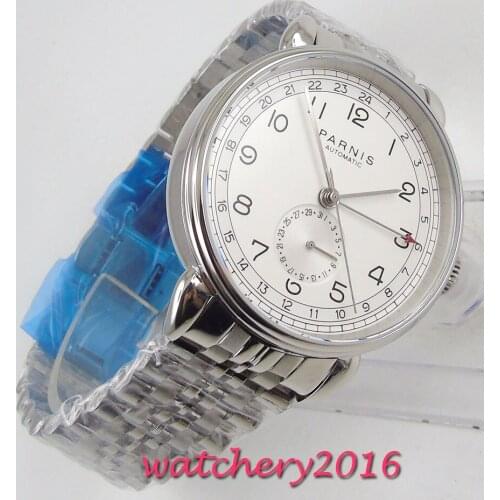 Top Brands Luxury 42mm PARNIS white dial steel date window st automatic mens watch