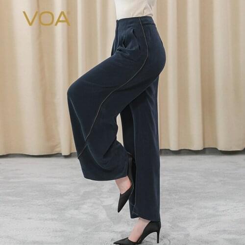 VOA Heavy Silk 30m/m Waist Button Yellow Thread Arch Needle Oblique Pocket To Make Old Wild Wide-leg Pants for Women KE216