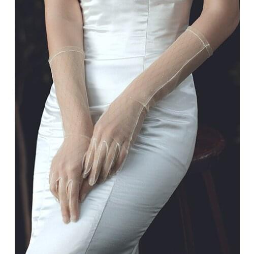 Elegant Bridal Elbow Gloves Breathable Tulle Golden Mesh Finger Gloves for Wedding Travel Studio Photo Daily Life WG009-1