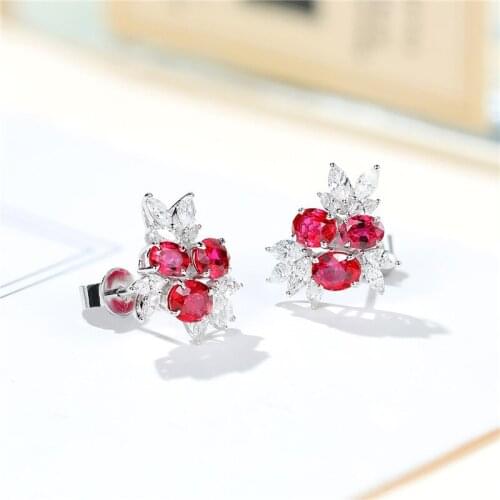 Female Engagement Earrings Dainty Oval Zircon Flower Earrings Rose Red Stone Blue Crystal Stud Earrings For Women Bridal Jewelry
