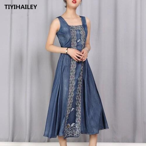 TIYIHAILEY 2021 New Free Shipping Vintage Women Long Mid-calf Summer Denim Cotton S-XL Sleeveless Embroidery Bid Hem Dresses