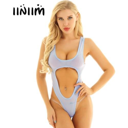 Womens Erotic Sexy Teddies One Piece Ultra Thin Lingerie Sleeveless Hollow out Bust Crotchless High Cut Thong Bodysuit Nightwear