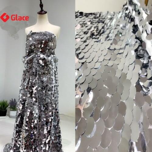 1piece high class quality sequin fabrics shining night dress skirt cloths fish scale sequins bright silver embroidery G0113