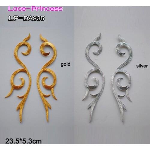 10 pairs 23.5X5.3CM gold silver ribbon polyester embroider DIY lace patches Lace flowers Applique Garment accessories LP-DA835