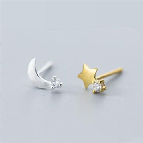 100% 925 Sterling Silver Fashion Star Moon Stud Earrings for Women School Girls Daughters Wedding Jewelry Gift Bijoux eh496