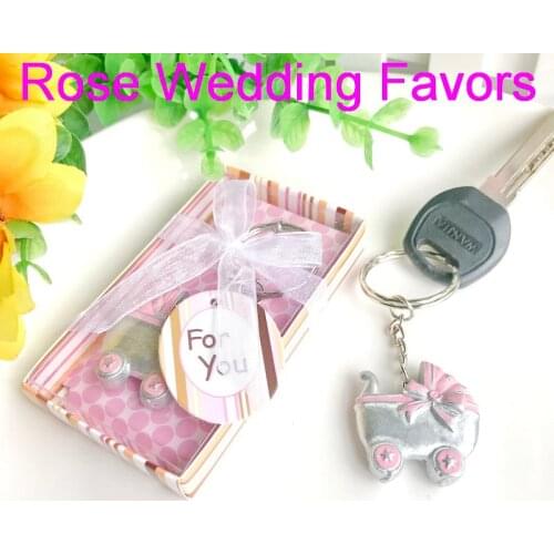 18pcs/Lot)FREE SHIPPING+Baby Pink Carriage Keychain Newborn Christening Gift Baby Girl Shower Favors Key Chain In Gift Box
