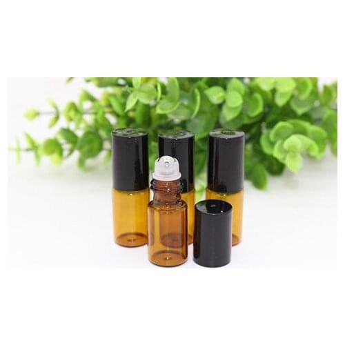 50 X 3ml amber tubular roll-on refillable perfume bottle, mini glass vials with metal roller ball and screw cap