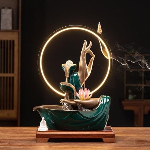 Ancient Chinese Incense Burner Led Light Ceramic Vintage Incense Burner Modern Lotus Waterfall Encensoir Spiritual Decor EI50IB