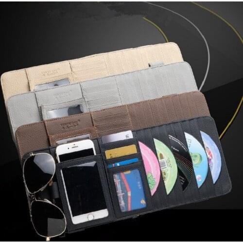Car Accessories Interior Stowing Tidying CD Organizer Genuine Leather Sun Visor Storage Sunshade Bag for Cards Sunglasses CD
