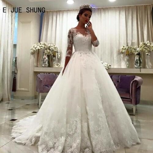 E JUE SHUNG Ball Gown Wedding Dresses 3/4 Sleeves Boat Neck Lace Lace Up Back Vestidos Noiva Custom Princess Wedding Gowns