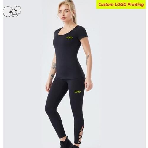 Custom LOGO Seamless Yoga Set Short Sleeve Sports Suit Women Gym Leggings+Built In Bra Crop Top Shirt 2 Piece Workout Clothes