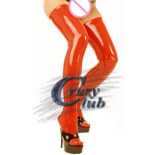 Crazy club_New arrival Low latex thigh-high with lace back stockings Free Shipping Fast Delivery