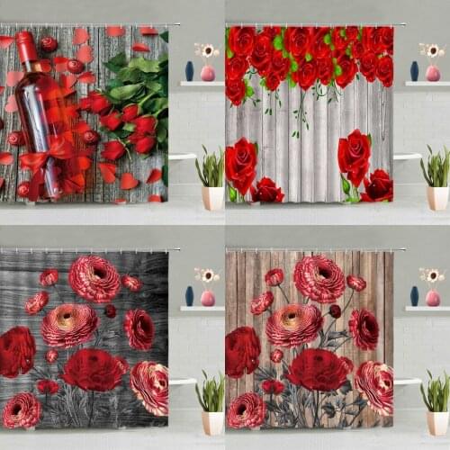 Color FlowersShower Curtain Vintage Wooden Board Rose Floral Green Leaves Plants Wine Glass Bathtub Decoration Screen Washable