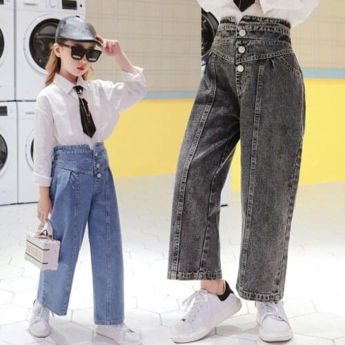 Girls jeans baby denim pants kids wide leg trousers children bottoms streetwear high waist straight bud buttons 3-14 pants