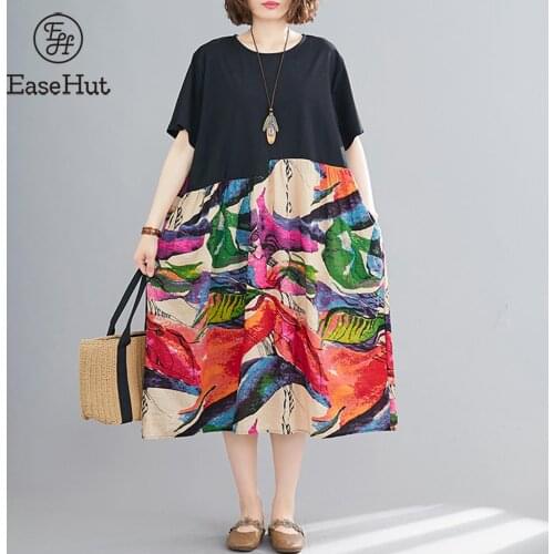EaseHut Women Vintage Loose Dress Contrast Color Abstract Printed High Waist Pockets Boho Holiday Midi Dress Lady Summer Dress