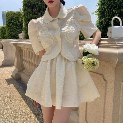 Korean Sweet Small Fragrant Two Piece Set Women Puff Sleeve Shirt Top And A-line Skirts Sets Fashion Casual 2 Piece Suits