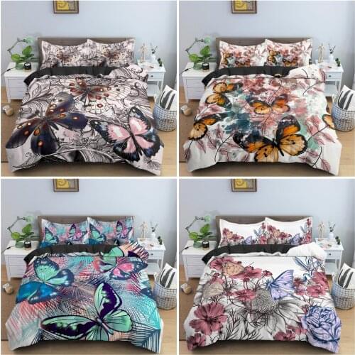 Beautiful Butterflies Bedding Set Flowers and Watercolor Spots Duvet Cover With Pillowcase King Queen Size Home Decor 2/3Pcs