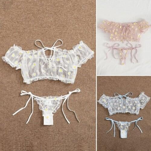 Women LaceSee Through Lingerie Set Daisy Sexy Bra G-string Thong Underwear Elegant Sleepwear Ladies Split Lingeries Sets