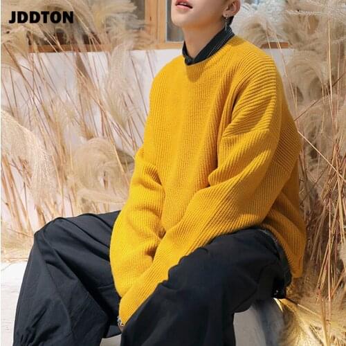 JDDTON Mens Autumn Hip Hop Solid Sweater Casual Clothing Style Loose Warm Streetwear O-Neck Knitting Pullover Male Sweat JE198