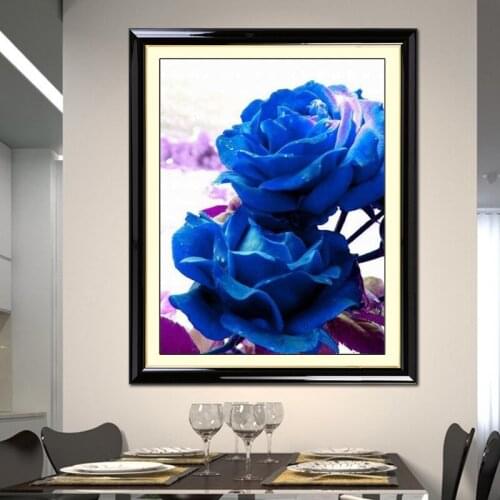 DIY Printed cross stitch blue bans new cross stitch bedroom large roses living room simple modern wall picture decoration Silk