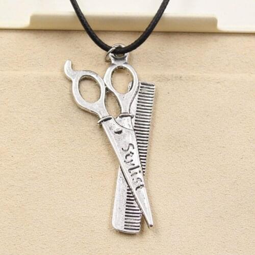 New Fashion Tibetan Silver Color Pendant Scissor Comb Necklace Choker Charm Black Leather Cord Factory Price Handmade Jewelry