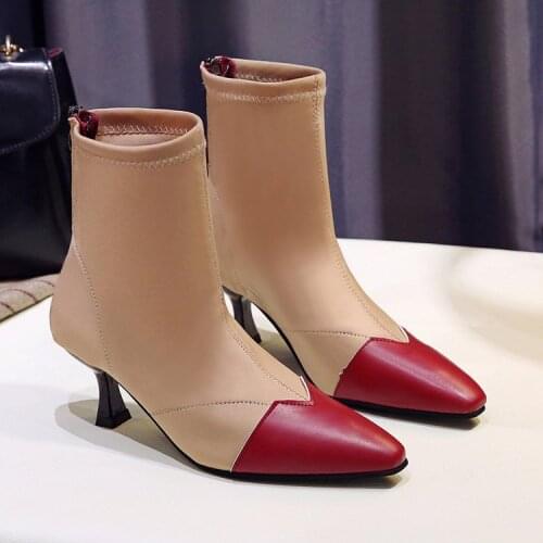 2021 Autumn and Winter New Short Boots Thin Boots High-heeled Stiletto Boots Show Thin Socks Boots Pointed Color Matching Boots