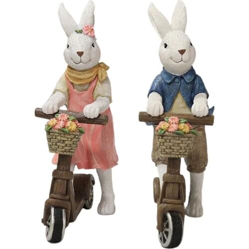 Easter Bunny Scooter Figurine Ornament Rabbit Couple Resin Crafts Easter Tabletop Decoration Window Shooting Props