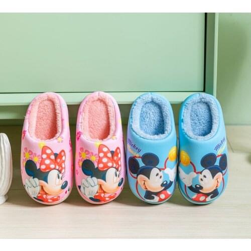 Disney Mickey Minnie Children Slippers Winter 7-16 Year Old Girls Home Cotton Shoes Soft Sole Cartoon Baby Boy Slippers Unisex