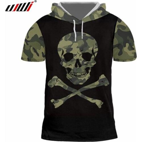 UJWI Splicing 3D Printed Creative Camouflage skull Hoodies T-shirt Man Hipster Fitness Hooded Tshirt Mens Spandex Tee Shirt
