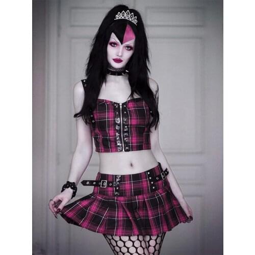 InsGoth Punk Sexy Purple Plaid Skirt Suit Y2K Streetwear High Waist Pleated Mini Skirts Grunge Zip Up Rivet Camisole 2pcs Set