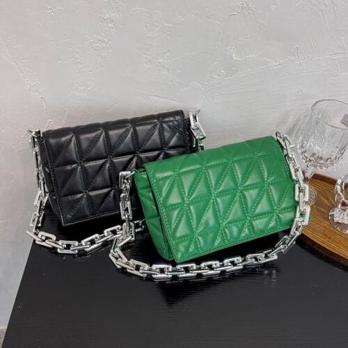 Women Fashion Shoulder Crossbody Bags Retro PU Leather Checker Pattern Ladies Thick Chain Underarm Shoulder Bags Small Handbags