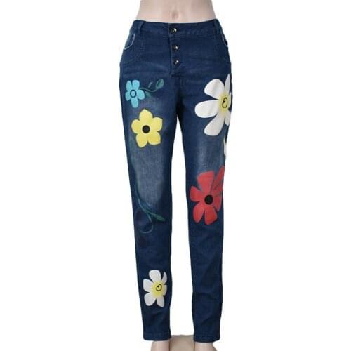 Women Jeans Fashion Studs Middle Waist Stretchy Flower print Jeans Denim double pockets Casual Trousers Women Jeans 2021