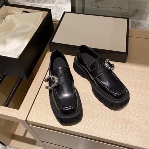 British style thick soled small leather 2021 spring lazy single women shoes Patent White Medium heel