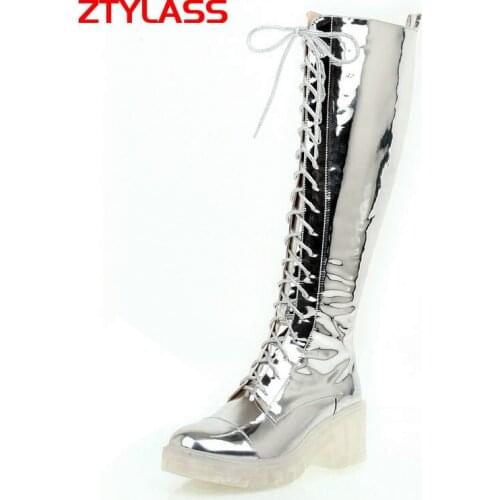 Transparent sole Women Boots Fashion Pu Platform Square Heel Knee High Boots Lace Up Zipper Boots Autumn Winter Shoes