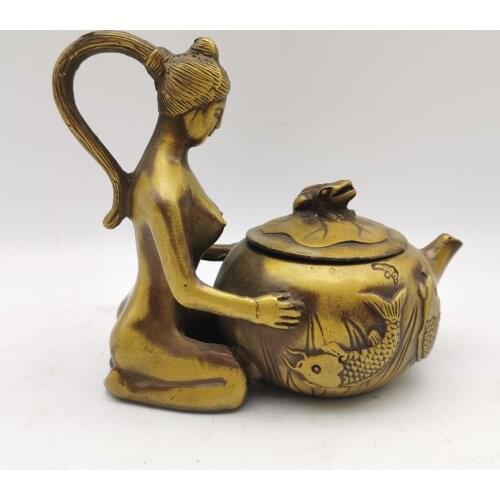 China Pure Brass Carved Fish Handmade Beauty Woman Teapot Wien Pot