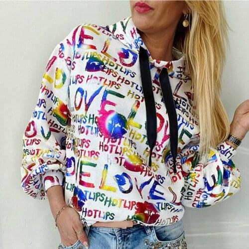 Womens autumn winter 2020 colored letter print hooded loose long sleeve sweater