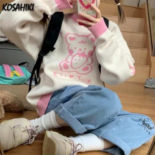 KOSAHIKI Women Sweater Trendy Contrast Color Sweet Cartoon Bear Pullover 2021 Streetwear Korean Ins Knitwear Knitted Top Jumper