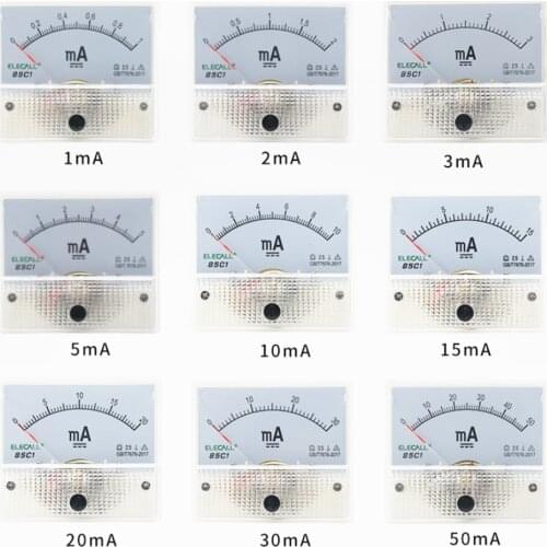 1PC DC Plastic Analog Pointer Ammeter Ampere Meter Panel 1/2/3/5/10/30/50/100/500mA Mechanical Current Meters 64*56mm