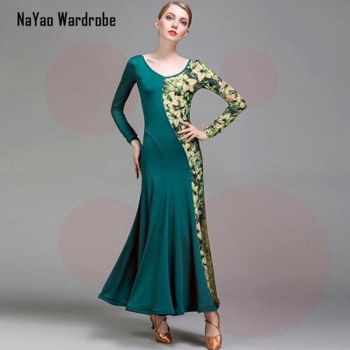 2021 New 1729 Latin Dance Dress Women Floral Patchwork Long Sleeve Design Modern Dance Dress for Dancing Performance Show Cloth