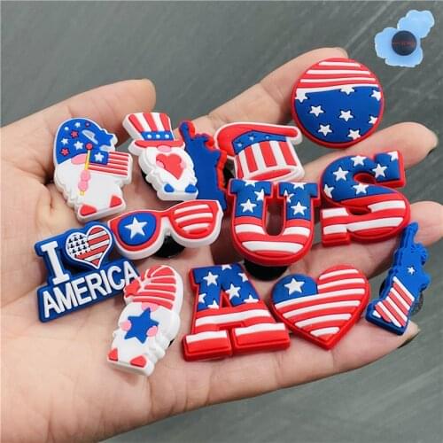 50Pcs I Love America National Flag Liberty Heart-Shaped Shoe Charms Accessories PVC Shoe Decoration for Croc jibz X-mas Gifts
