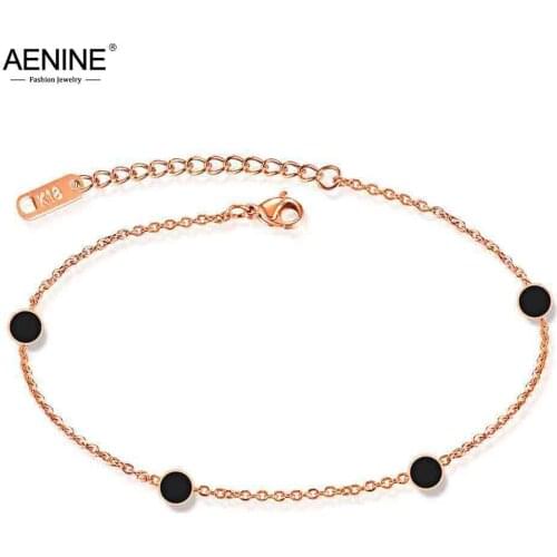 AENINE Rose Gold Bohemia Beach Anklets Foot Jewelry 5Pcs Black Acrylic Circle Chain Link Stainless Steel Anklet Jewelry AA19012