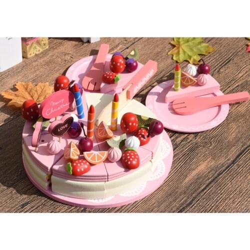 Large Merry Christmas Fruit Birthday Cake & Tableware Wooden Cutting Toys Developmental Pretend Play Game Playset