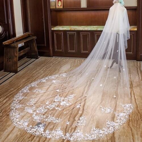 Two-Layer Wedding Veil Bridal Veil with Champagne Appliques Lace Edge Floral Stunning Long Face-Covered Bride Veils with Comb