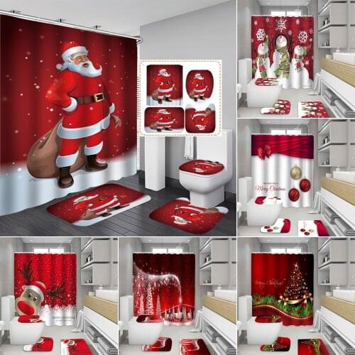 Santa Bell Elk Snowman Shower Curtain Merry Christmas Bathroom Set Anti-slip Mat Pedestal Rug Lid Toilet Cover Bath Curtains