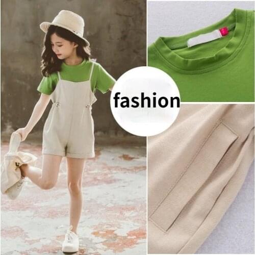 Girls Sets 2021 Summer Childrens Clothing Solid Color Short-sleeve Tops Suspender Shorts Fashion Suits