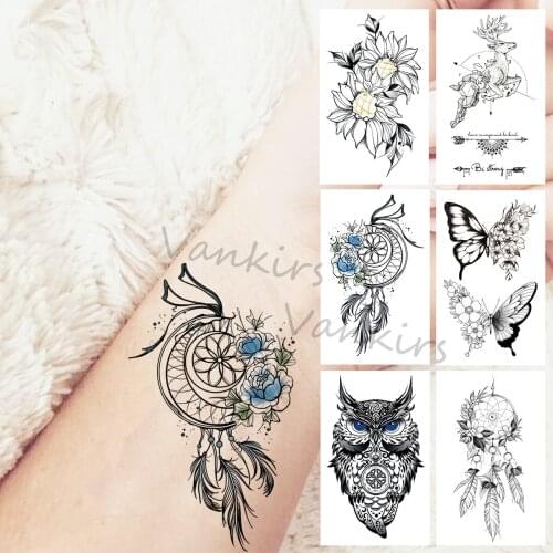 Colorful DreamCatcher Temporary Tattoos For Women Men Realistic Daisy Butterfly Elk Owl Fake Tattoo Sticker Arm Leg Tatoos 3D